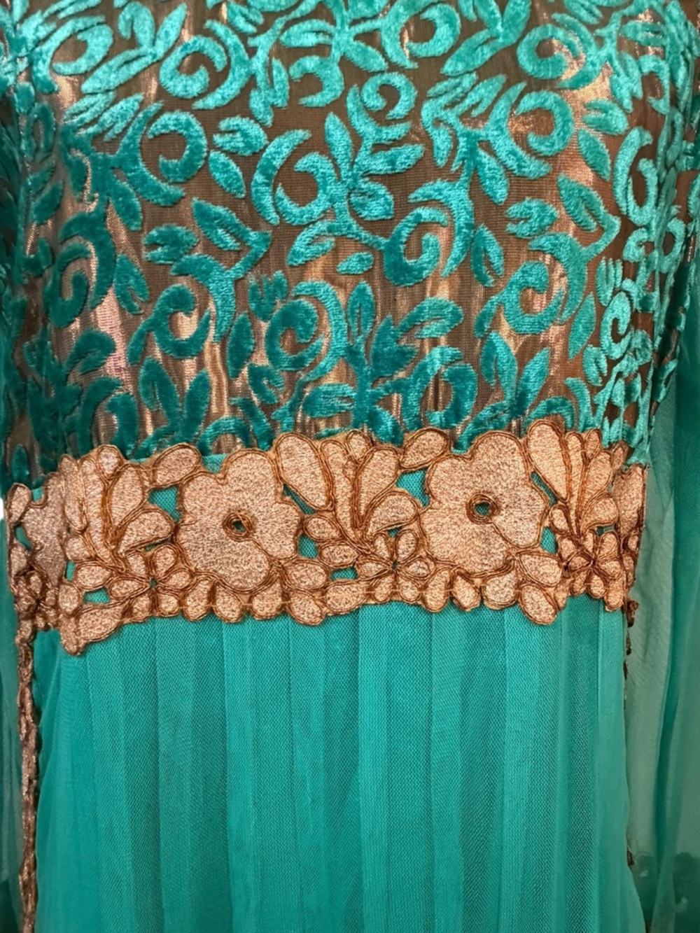 Turquoise Gold Anarkali Maxi Dress Indian Wedding Guest Bollywood Gown Medium - Picture 6 of 16